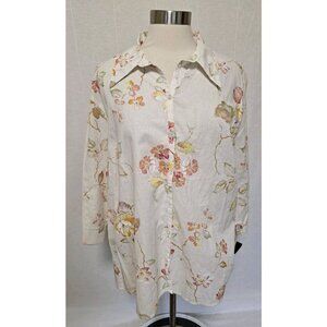 Womens Linen Blend Button Down Shirt Size 2X Harve Benard White Floral Print